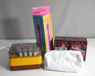 Vintage Hair Styling Lot - Sunbeam Rollers, Conair Curl N Carry, Revlon Travel Set & Embossing Heat Tool