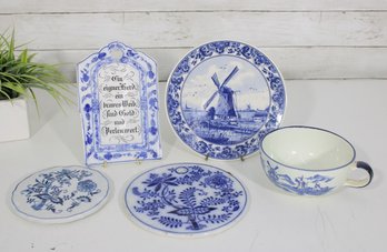 Blue & White Delft-Style Porcelain Dish Lot  Windmill Plate, Wall Plaque, Cup & Decorative Plates (5 Pcs)