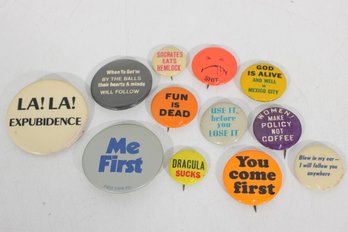 #2-Vintage Novelty Pinback Button Lot  Humor, Slogans & Political Sayings  Retro Pins