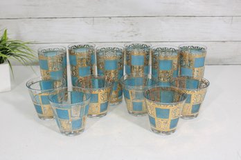 Set Of 12 Culver Carnival Gold & Turquoise Glasses  6 Highball & 6 Lowball MCM Barware