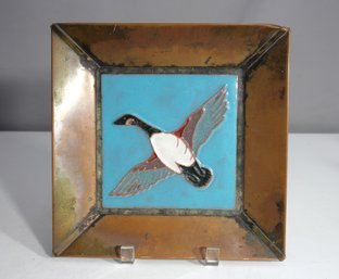 Vintage Copper And Enamel Square Tray With Flying Duck Design  9.5' X 9.5'