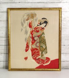 Framed Japanese Geisha Art Print  Red & Gold Kimono Design In Gold Bamboo Frame  25' X 21.5'