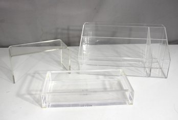 Lot Of 3 Clear Acrylic Display Stands  Retail Riser, Tray & Organizer Bin