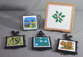 Group Lot Of 5 Decorative Tile Trivets, 4 With Cast Iron Base Frames