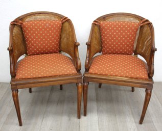 Pair Of Elegant Caned Barrel Back Armchairs With Cushions