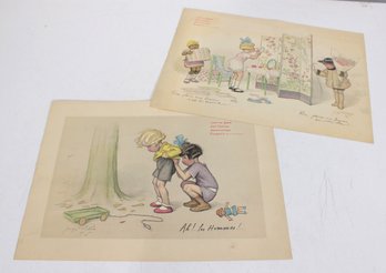 Vintage French Carte De Paris Childrens Prints  Foujita / Cafe De Paris Illustrations  13' X 17.5' (2pc L