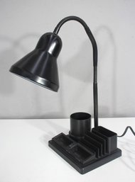 Black Gooseneck Desk Lamp With Organizer Base  Pen Holder, Compartments, Working Light