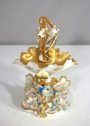 7.5H Antique German Dresden Porcelain Floral Basket  Hand-Painted & Gilded