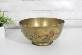 Vintage Chinese Brass Footed Bowl W/ Red & Green Stone Inlay Floral Motif  10'