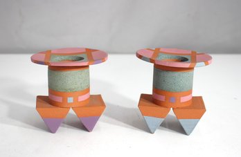 Patricia Fahie Signed Ceramic Candleholder Pair  3.5 Postmodern Studio Art Pottery