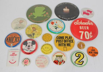 #7-Vintage Advertising & Novelty Pinback Button Lot  Schaefer Beer, Mickey Mouse, Knicks