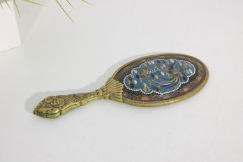 Antique Japanese Cloisonn Enamel Hand Mirror  Floral Design  9.5' Vanity Mirror