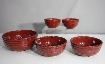 Group Lot Of Handcrafted Red Glazed Ceramic Bowls