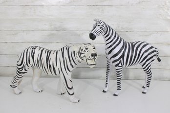 Black & White Zebra And Tiger Sculptures  Hand-Painted Safari Animal Figures  17.5' & 13' Tall
