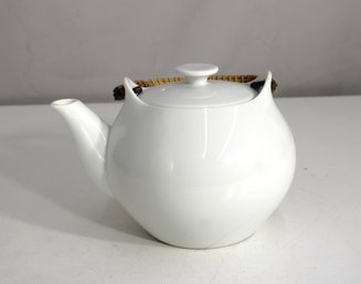 White Porcelain Teapot With Woven Bamboo Handle  5' Tall, Minimalist Modern Style