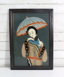 Vintage Reverse Glass Painting Asian Woman With Parasol  Framed Art  22.5 X 16