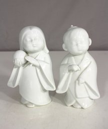 Pair Of 6.5H Blanc De Chine Porcelain Buddhist Monk Figurines  Vintage Asian Art