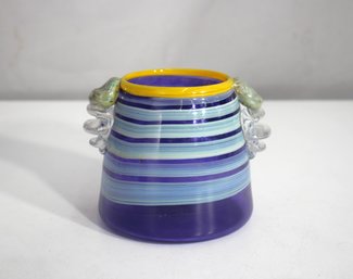 Signed Hand-Blown Studio Art Glass Vase  4' Purple With Stripes & Sculpted Handles