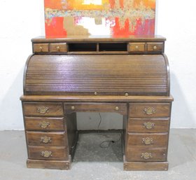 Vintage Oak Roll Top Desk W/ Tambour Door, Drawers & Cubby Storage  55' Wide *untested Light*