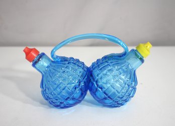 3Vintage Blue Glass Double Cruet  Waffle Pattern Mid-Century Tableware With Handle