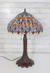 29' Vintage-Tiffany Style Table Lamp Baroque Round  Shade & Ornate  Base