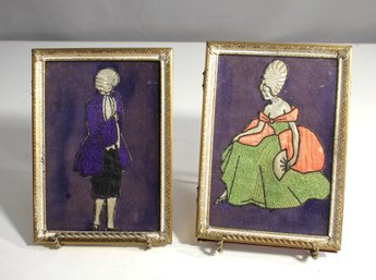 Pair Of Vintage Framed Velvet Art Embroideries  18th Century Style Figures