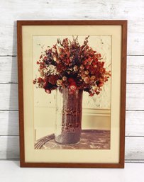 Vintage Floral Still Life Print In Wood Frame  Vase Of Dried Flowers  17.5 X 12.5