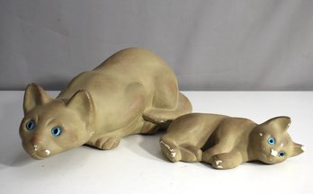 Vintage Cat Figurine Set - Mama And Kitten With Blue Eyes, 15' And 8.5' Long