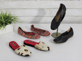 #8-Womens Shoe Lot Size 6  Anne Klein Cow Print Mules, Striped Flats & Black Leather Ballet Shoes
