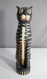 Hand-Painted Folk Art Cat Figurine - Unique Striped Design, Minor Ear Damage