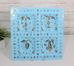 Mid-Century Georges Briard Divided Glass Serving Platter  15 X 15 Blue W/ Gold Decoration