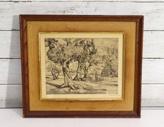 Vintage Signed Landscape Sketch Drawing  Framed Trees & Shepherd Scene  12 X 14