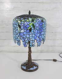 19' Tiffany-Style Table Lamp  Blue & Green Wisteria Blossom Pattern  With Leaf Motif Base