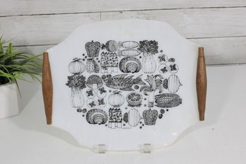 Georges Briard Mid-Century Bent Glass Serving Tray W/ Teak Handles  12 X 10' Vegetable Motif