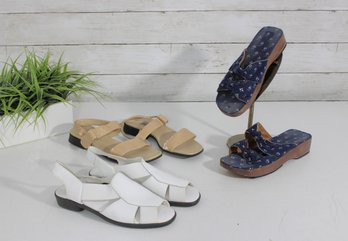 #9-Womens Sandal Lot  Comfort Slides & Slingbacks  White, Tan & Blue Clog-Style Sandals