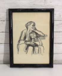 Vintage Pencil / Charcoal Portrait Drawing  Mother & Child  Signed Artwork  17 X 12.5