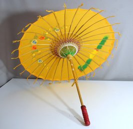 Vintage Hand-Painted Yellow Paper Parasol - Floral And Scenic Design With Bamboo Handle
