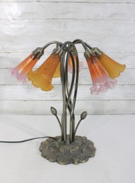 16' Art Nouveau Style 'Pond Lily'  Table Lamp  Amber & Pink Tulip Shades