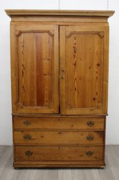 Antique Pine Armoire With Drawers And Key Lock