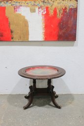 Vintage Round Wood Accent Table W/ Decorative Scenic Tray Top  Pedestal Base