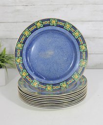 Set Of 10 Newport Pottery England 10.5' Dinner Plates  Blue Geometric Art Deco MCM