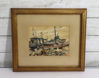 Vintage Framed Harbor / Fishing Boats Watercolor Painting  Nautical Maritime Scene  12 X 13.5
