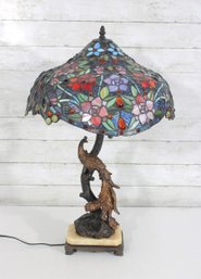 26' Tiffany-Style Table Lamp  Floral  Shade With Peacock Sculpture Base