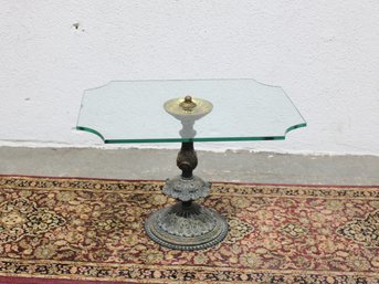Vintage Glass Top Accent Table W/ Ornate Metal Pedestal Base  Decorative Side Table