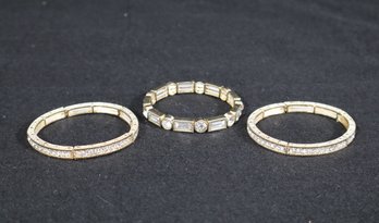 #42-Lot Of 3 Gold-Tone Rhinestone Bracelets – Sparkling Pavé Crystal & Emerald-Cut Style Statement Jeweley