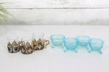 Vintage French Champlev Enamel Glass Mini Cups (2') & Aqua Blue Spoon Holders/Spooners (1.5')  Set Of 7