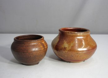 Pair Of Vintage Handmade Glazed Ceramic Pots  Rustic Brown Tones