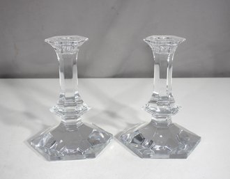 Pair Of Vintage Val St. Lambert Crystal Candlesticks  7 Hexagonal Base, Signed