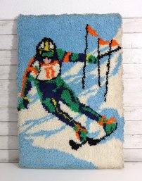 Vintage Handmade Latch Hook Ski Racer Wall Hanging Rug Art  Large 35 X 24