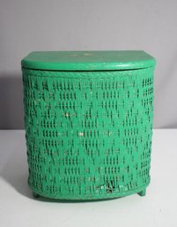 Vintage Green Wicker Laundry Hamper  12 Tall  Rustic Decor  Worn Condition